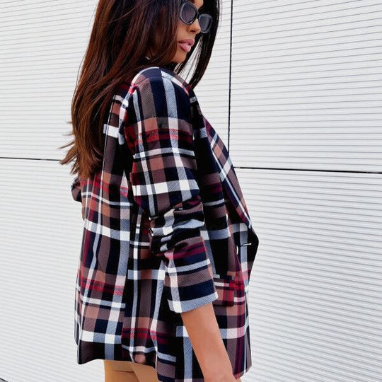 Damen Karierter Blazer mit doppelter Knopfreihe und elegantem Schnitt Fudus