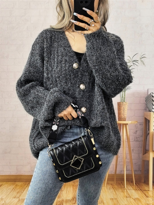 Damen Grobstrickjacke mit modischen Knöpfen und lässigem Schnitt Fudus