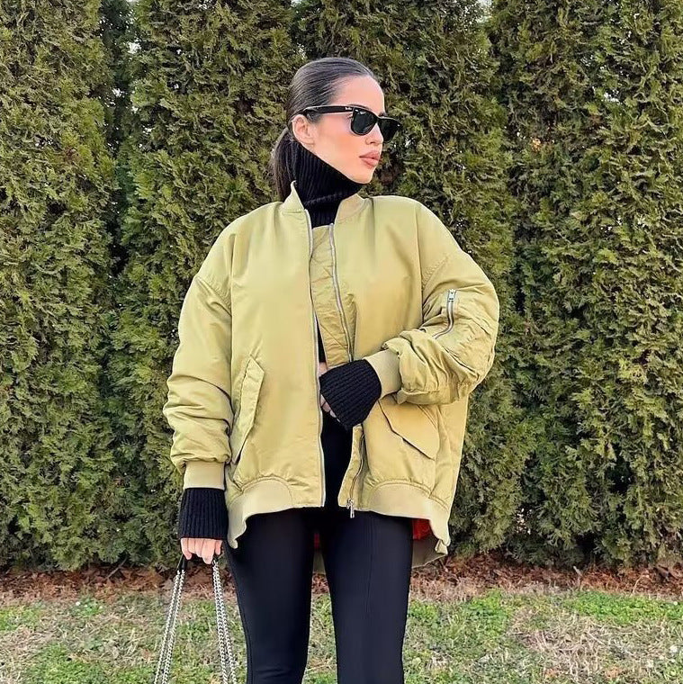 Damen lässige Bomberjacke mit elastischen Bündchen und praktischen Taschen Fudus