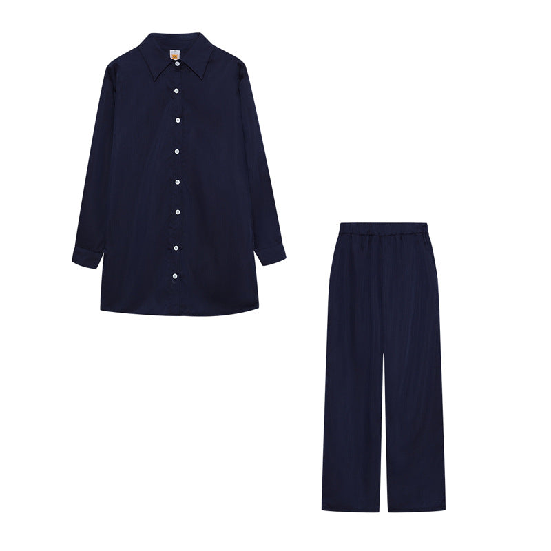 Damen Satin Pyjama Set mit langärmliger Bluse und weiten Hosen Fudus