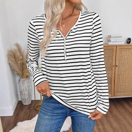 Damen Langarmshirt mit Knopfleiste und gestreiftem Design Fudus