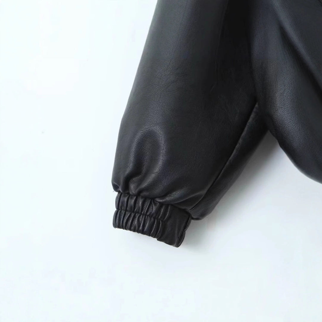 Damen lässige Lederjacke mit elastischem Saum und praktischen Taschen Fudus