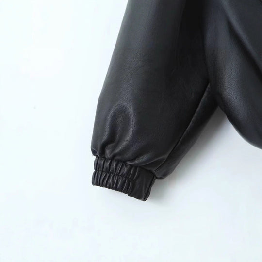 Damen lässige Lederjacke mit elastischem Saum und praktischen Taschen Fudus