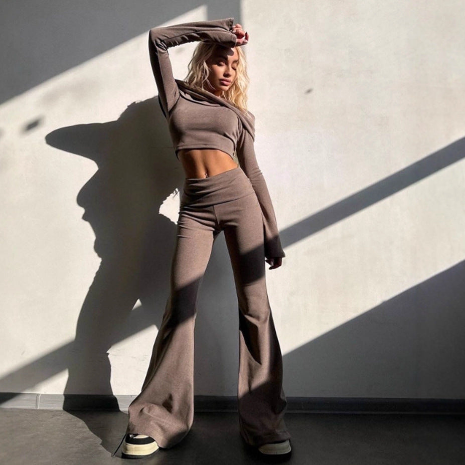 Damen eleganter Cropped-Top und weit ausgestellte Hosen Fudus