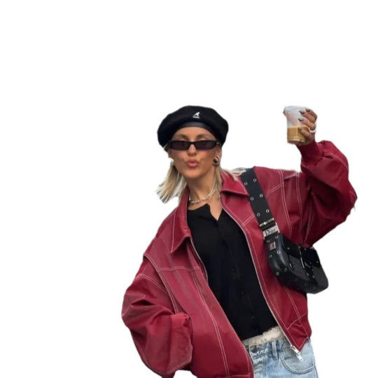 Damen Kunstlederjacke mit elastischen Bündchen und hochschließendem Kragen Fudus