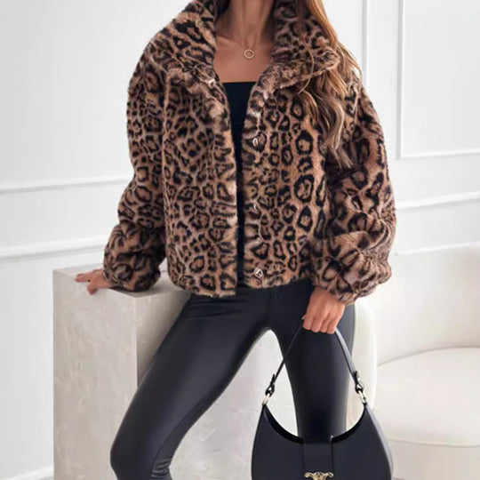 Damen Kunstfelljacke im modischen Leopardenmuster Fudus