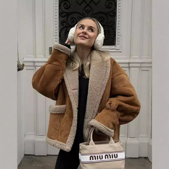 Damen kuschelige Oversized-Jacke mit Schaffellkragen und großen Taschen Fudus