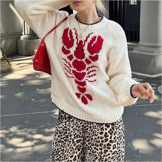 Damen Grobstrickpullover mit maritimem Hummer-Motiv Fudus