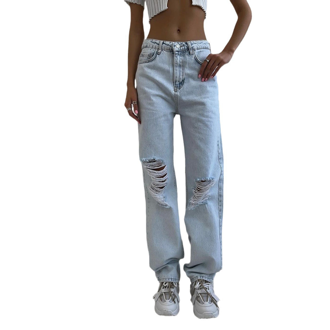 Damen lässige High-Waist Jeans mit ausgefransten Details Fudus