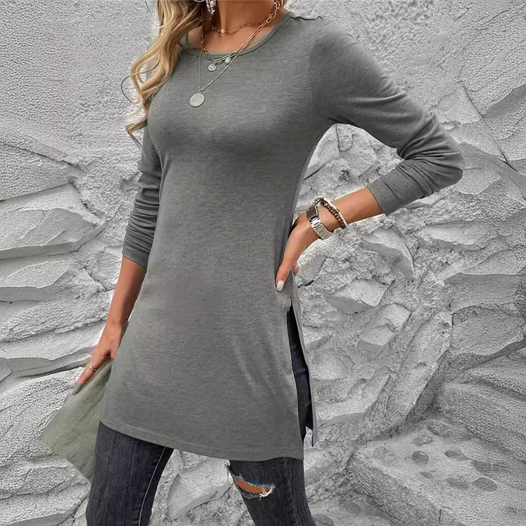 Damen Langarm Tunika mit seitlichen Schlitzen und modernem Schnitt