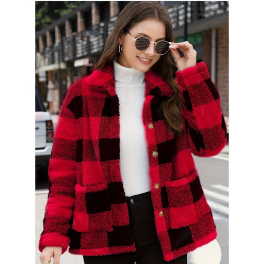 Damen kuschelige Plüschjacke mit Karomuster Fudus