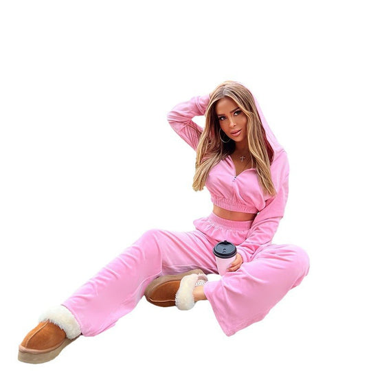 Damen kuscheliges Zweiteiler-Set mit cropped Hoodie und weiten Jogginghosen Fudus