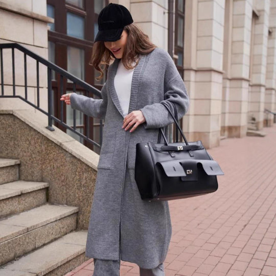 Damen Langstrickcardigan mit offenen Kanten und tiefen Taschen Fudus