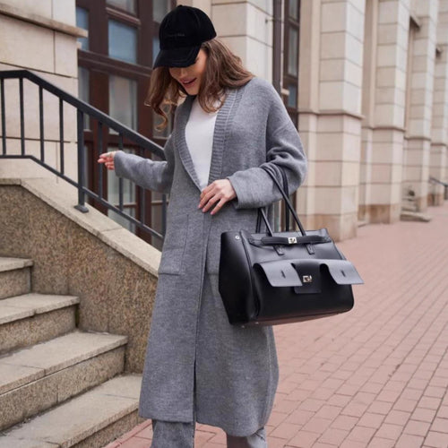 Damen Langstrickcardigan mit offenen Kanten und tiefen Taschen Fudus