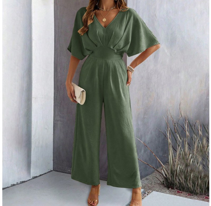 Damen Jumpsuit Weit Geschnitten V Ausschnitt Drapierungen Elegant