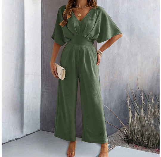 Damen Jumpsuit Weit Geschnitten V Ausschnitt Drapierungen Elegant