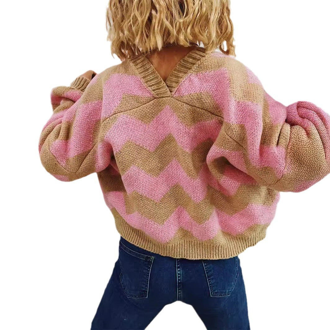Damen Grobstrickjacke mit modernem Zickzack-Muster und weitem Schnitt Fudus