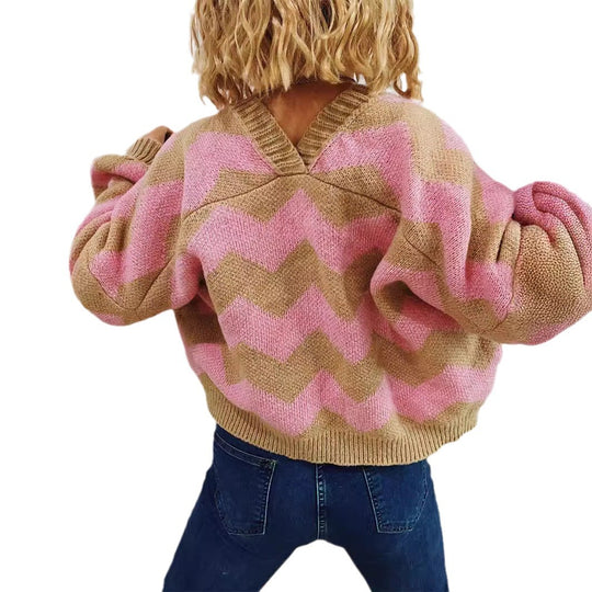 Damen Grobstrickjacke mit modernem Zickzack-Muster und weitem Schnitt Fudus