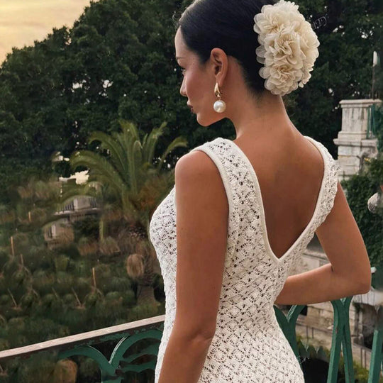 Damen Häkelmaxikleid mit verführerischem V-Ausschnitt und raffinierten Ausschnitten Fudus