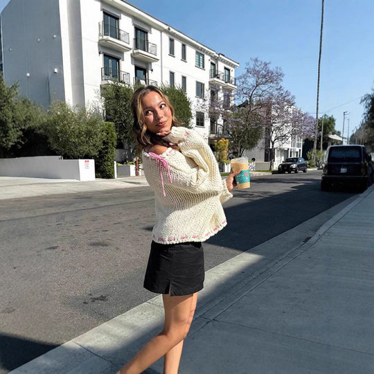 Damen Grobstrickpullover mit verspielten Schleifendetails Fudus