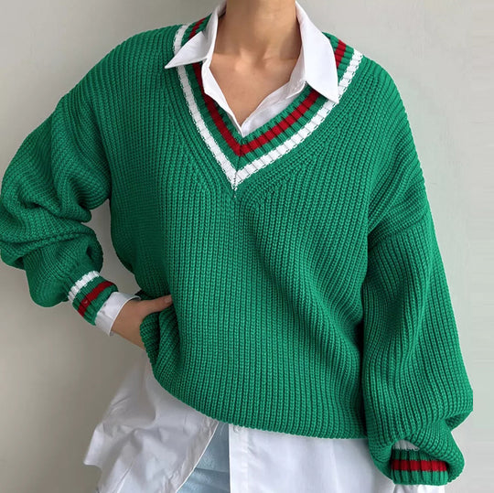 Damen Grobstrickpullover mit dekorativem V-Ausschnitt Fudus