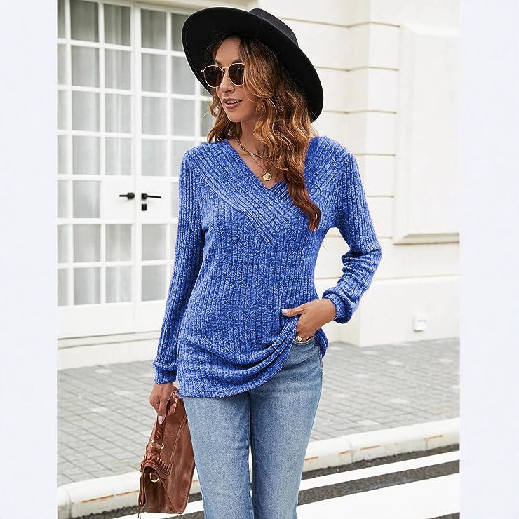 Damen Langärmliger V-Ausschnitt Pullover mit Rippstruktur und komfortabler Passform Fudus