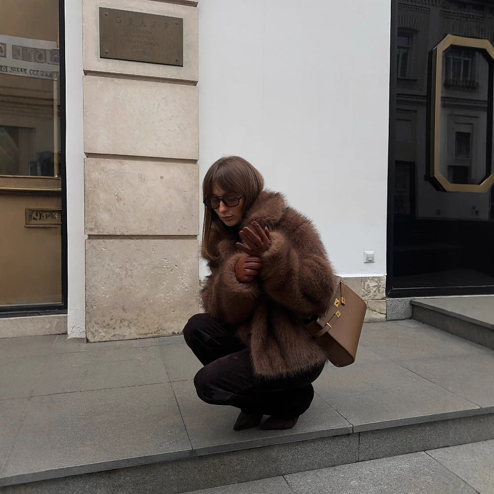 Damen Kunstfelljacke mit modernem Kragen Fudus