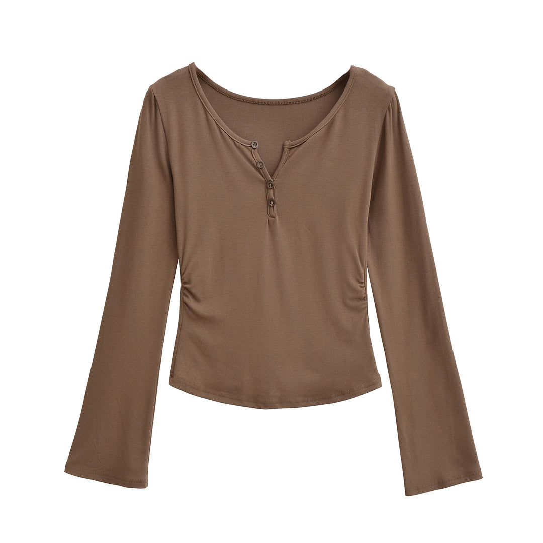 Damen langärmliges Oberteil mit dekorativen Knöpfen Fudus