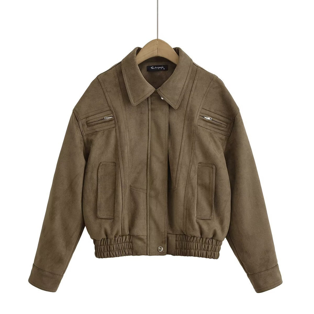 Damen Kunstlederjacke mit elastischem Bund und praktischen Taschen Fudus