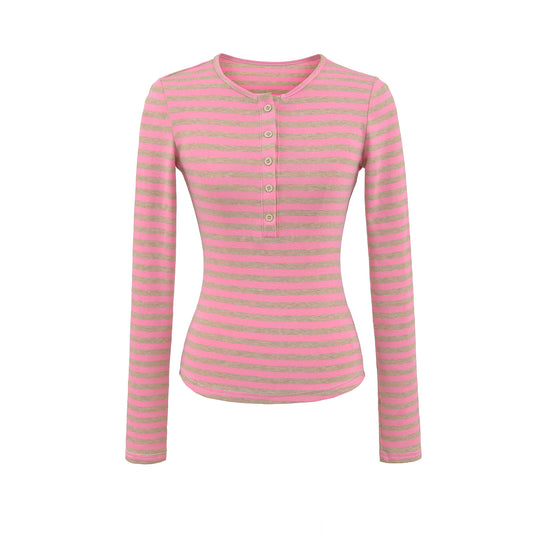 Damen langärmliges gestreiftes Oberteil mit Knopfdetail Fudus