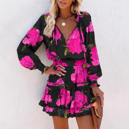 Damen Kleid mit V-Ausschnitt und voluminösen Ärmeln Fudus