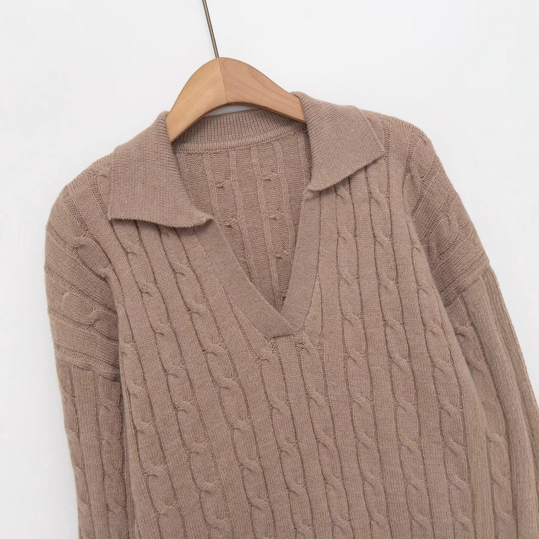 Damen Grobstrick Pullover mit V-Ausschnitt und Reverskragen Fudus