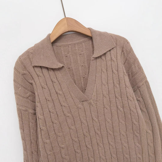 Damen Grobstrick Pullover mit V-Ausschnitt und Reverskragen Fudus