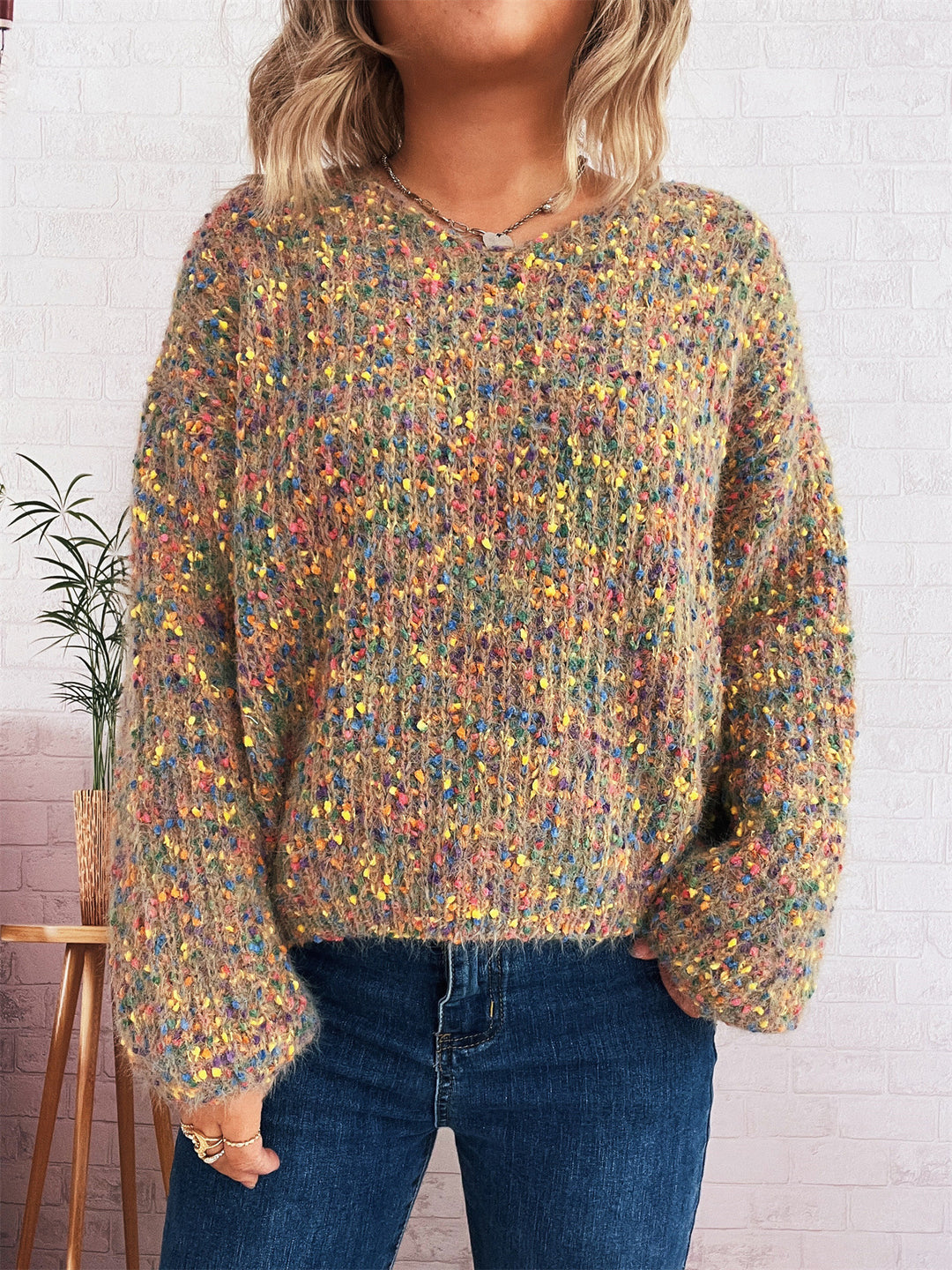 Damen komfortabler Strickpullover mit buntem Strukturmuster und weit geschnittenen Ärmeln Fudus