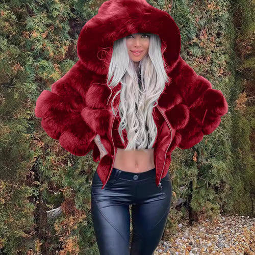 Damen Kuschelige Kunstfelljacke mit voluminösem Kapuzenkragen Fudus