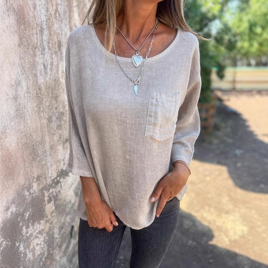 Damen lässige Leinenbluse mit aufgesetzter Tasche Fudus
