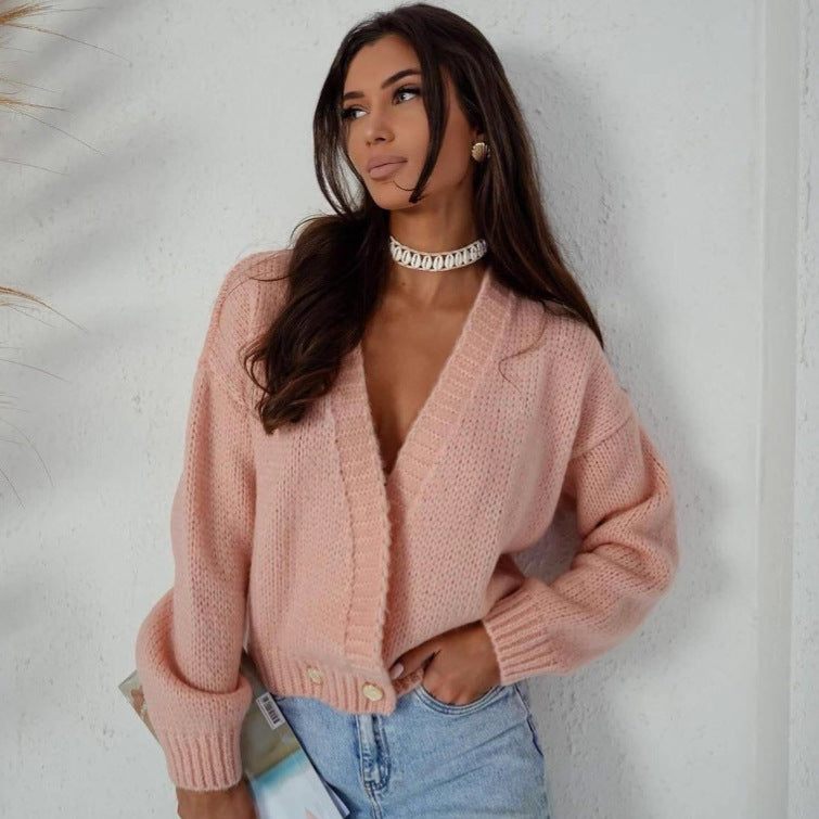 Damen kuschelige Strickjacke mit lockerer Passform und tiefem V-Ausschnitt Fudus