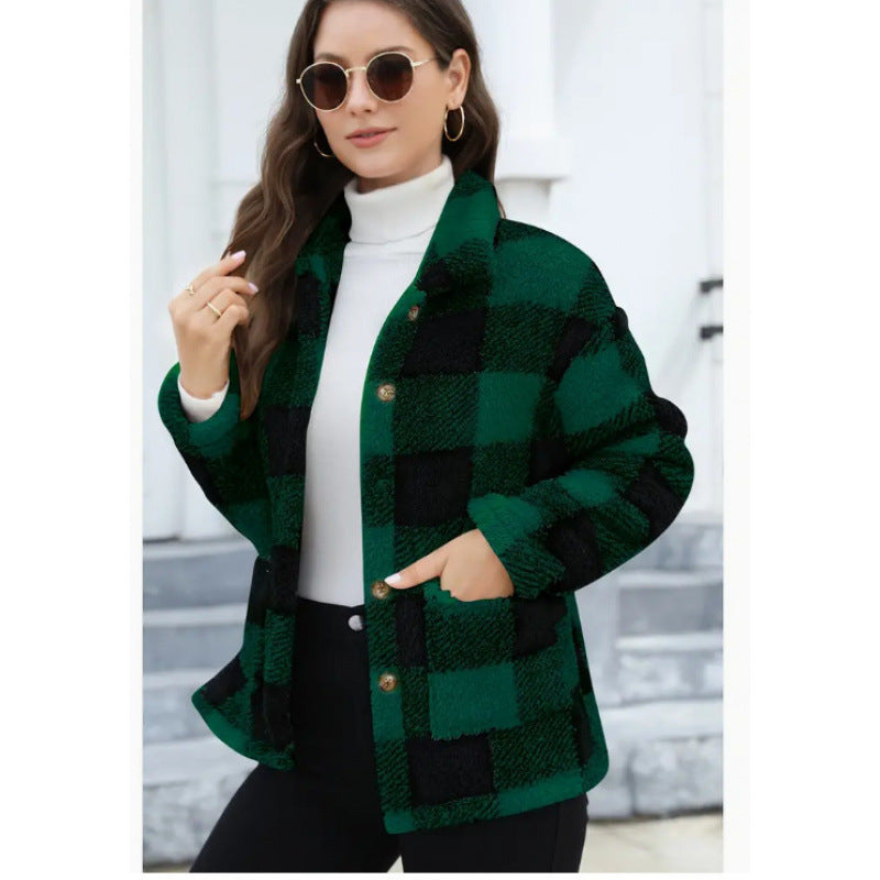 Damen kuschelige Plüschjacke mit Karomuster Fudus