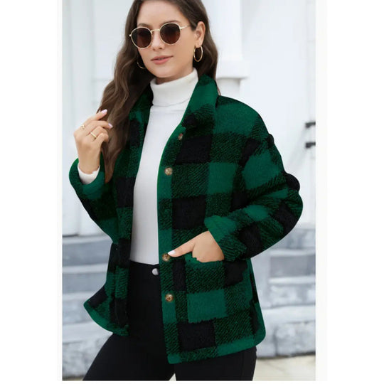 Damen kuschelige Plüschjacke mit Karomuster Fudus