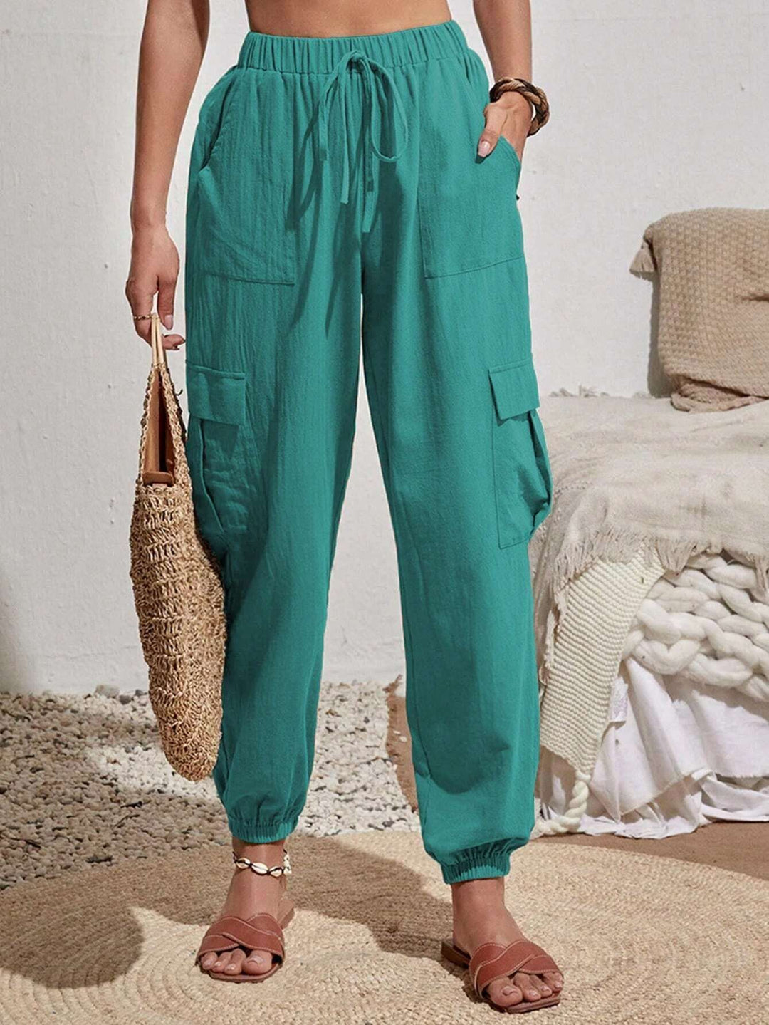 Damen lässige Cargo-Hose mit elastischem Bund und praktischen Taschen Fudus