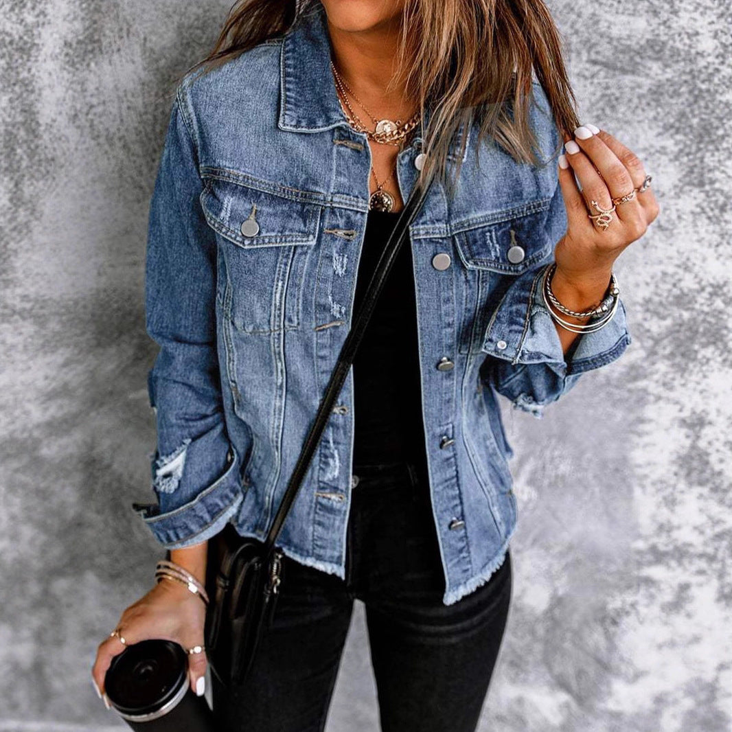Damen Jeansjacke mit modischen Destroyed-Details und klassischen Brusttaschen Fudus