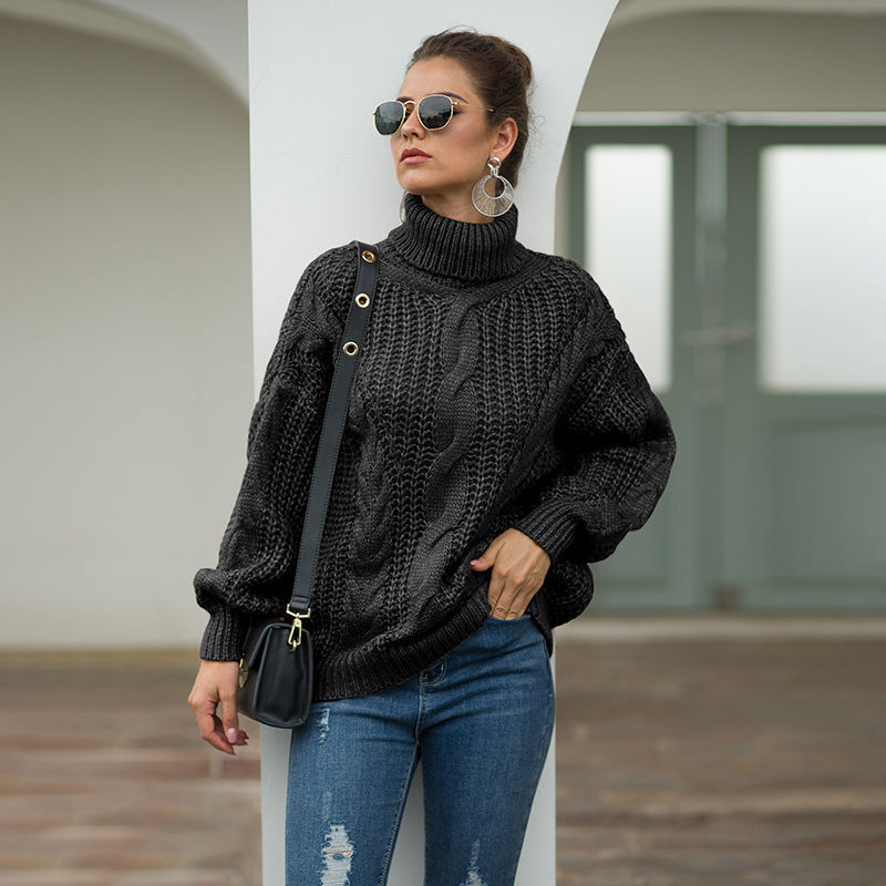 Damen Grobstrick Pullover mit hohem Kragen und strukturiertem Zopfmuster Fudus