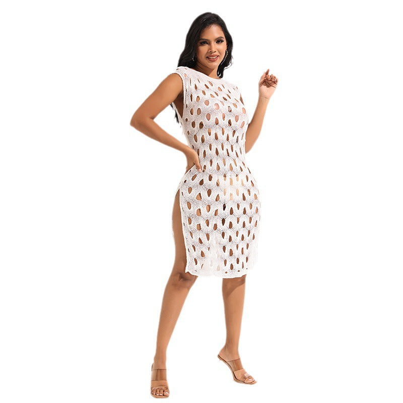 Damen Häkel-Sommerkleid mit eleganten Ausschnitten und seitlichen Schlitzen Fudus