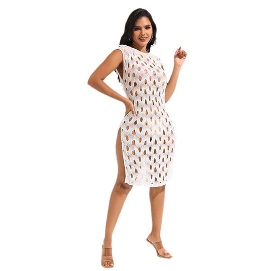 Damen Häkel-Sommerkleid mit eleganten Ausschnitten und seitlichen Schlitzen Fudus