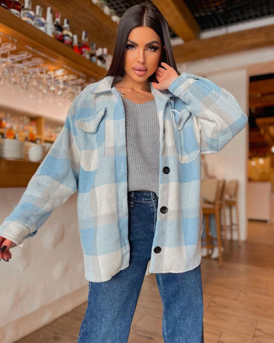 Damen Karierte overshirt mit weichem Fleece und Druckknopfverschluss Fudus
