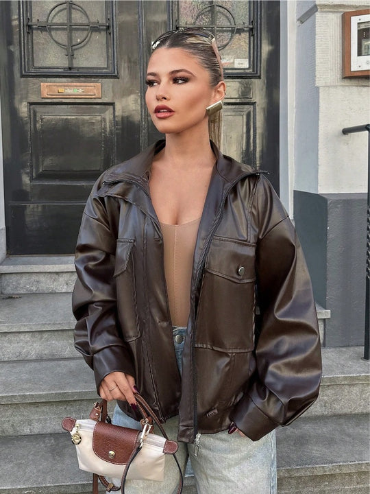 Damen lässige Oversized-Jacke mit großen Taschen Fudus