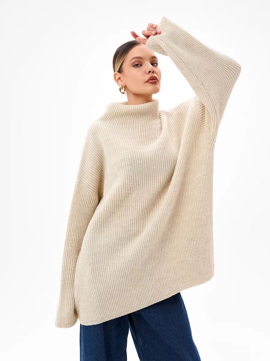 Damen Grobstrick Pullover mit hohem Rollkragen und lässigem Schnitt Fudus