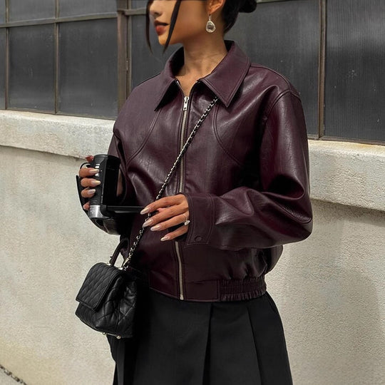 Damen Kunstlederjacke im sportlichen Schnitt mit elastischen Bündchen Fudus