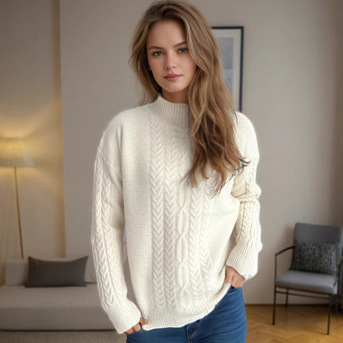 Damen kuscheliger Strickpullover mit modernem Zopfdesign und Rundhalsausschnitt Fudus