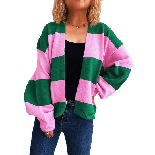 Damen lässige Strickjacke mit breitem Streifenmuster und extra weitem Schnitt Fudus